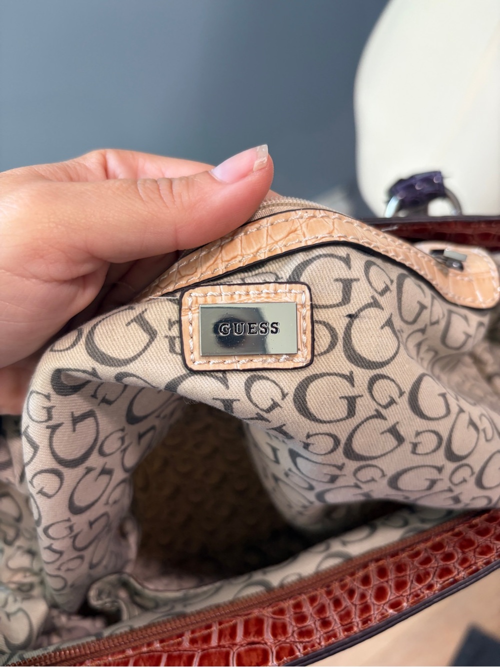 GUESS Croc Embossed Satchel Cream Brown Purple Patent Shoulder Handbag - Picture 12 of 12